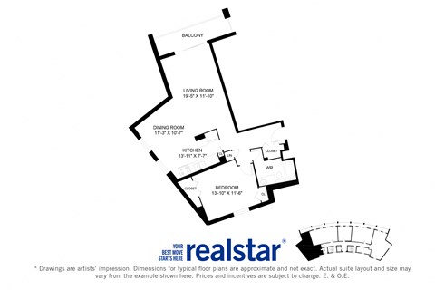 Harbourview Apartments 1-bedroom, 1-bath layout variation B in Oakville, ON
